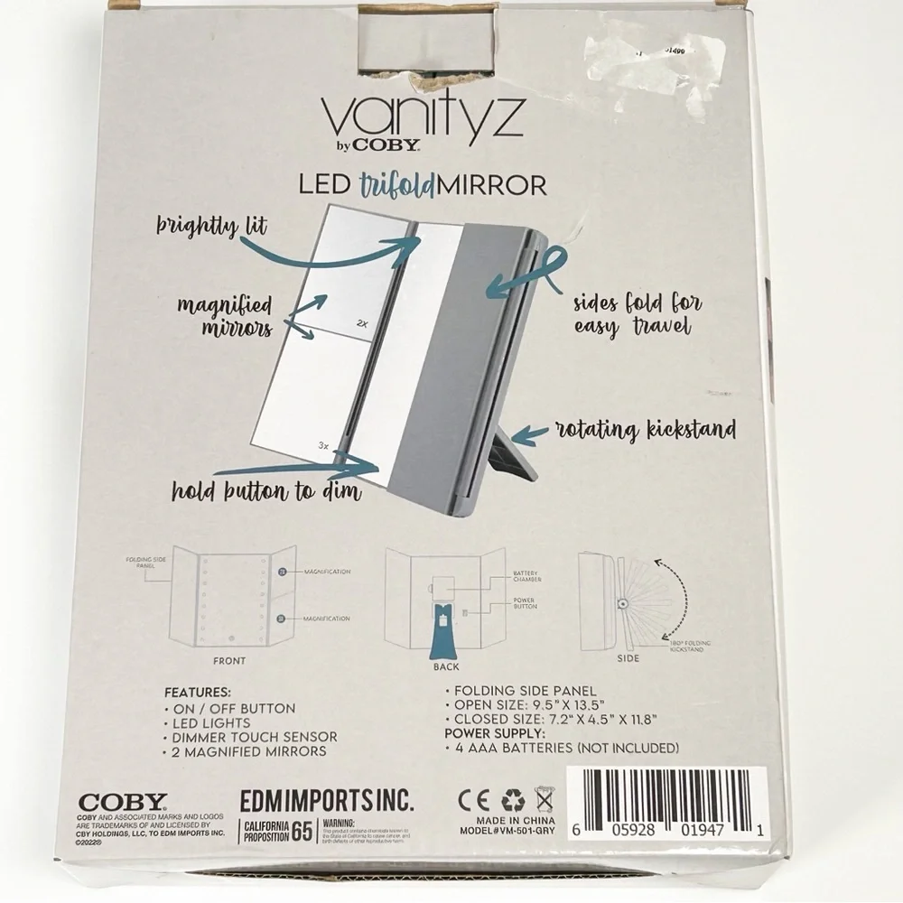 Coby Vanityz Trifold LED Mirror Grey 1x 2x 3X Magnification NEW